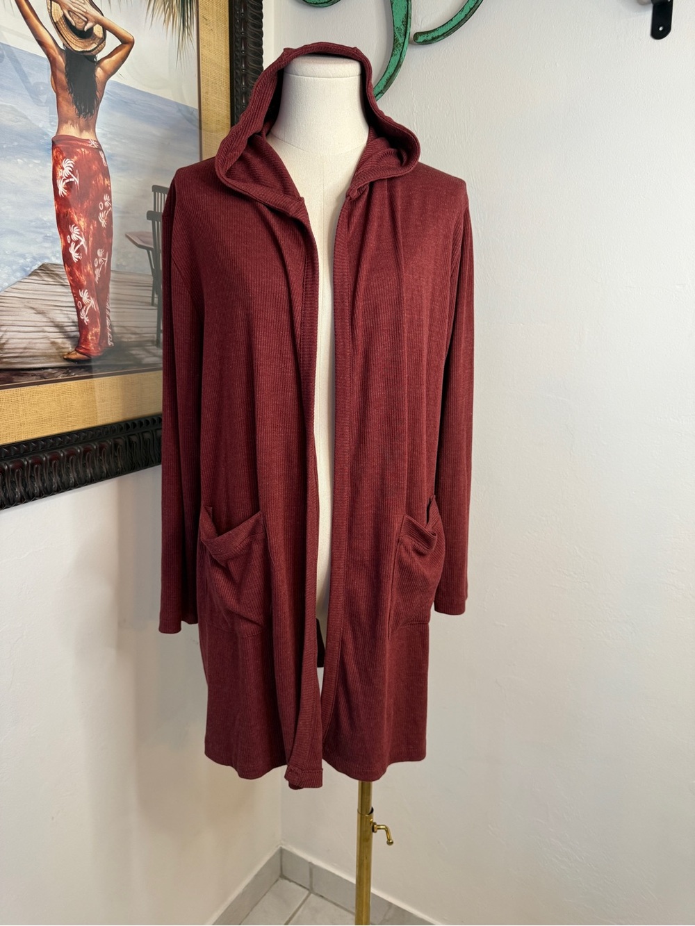 Chaser Hooded Open-Front Cardigan in Deep Burgundy
